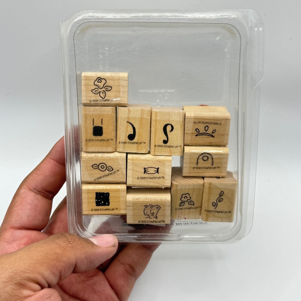 Vintage 1998 Stampin Up Shrub Builders Wood Mount Rubber Stamp Set 12 Piece